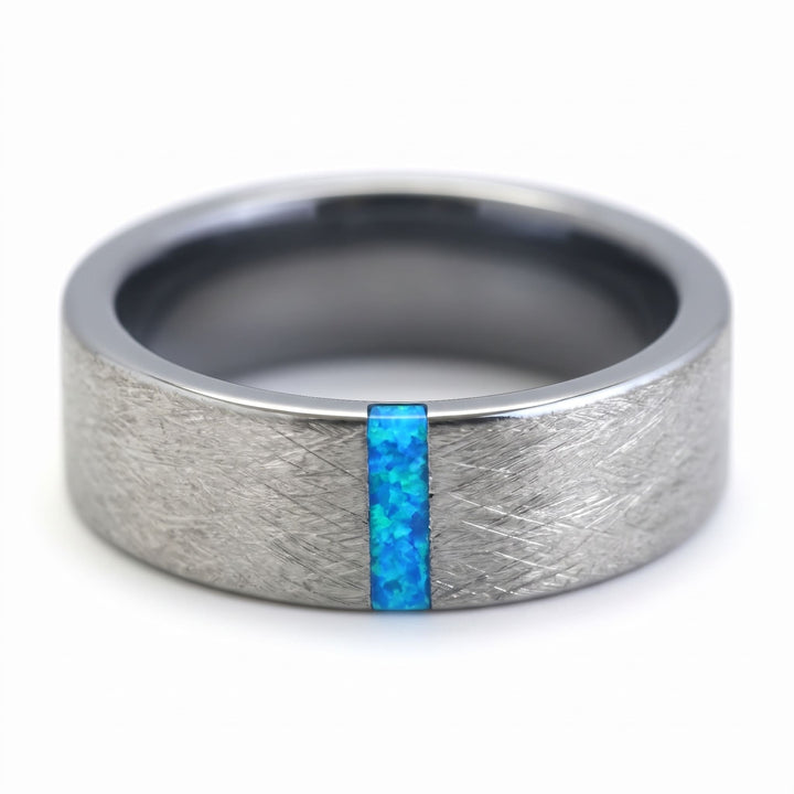Azure Opal Line Tungsten Band, a close view of the blue opal strip and crosshatch brushing