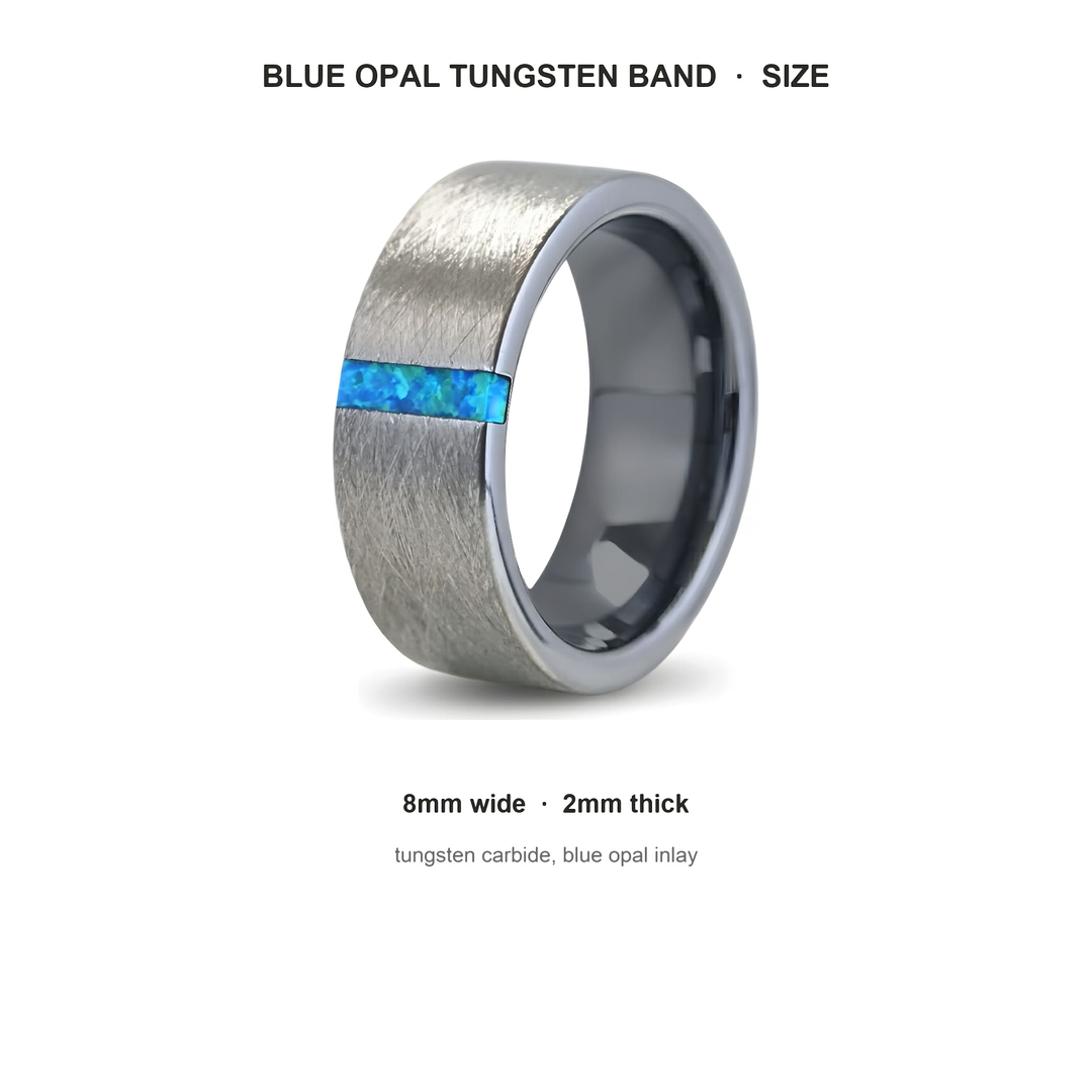 Azure Opal Line Tungsten Band size guide: 8mm wide, 2mm thick, tungsten carbide, blue opal inlay
