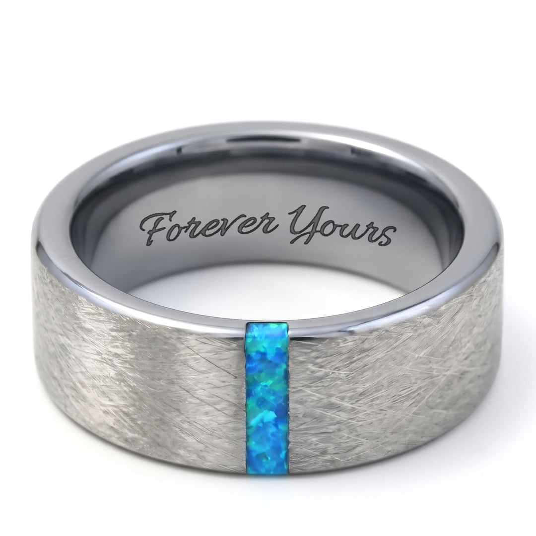 Azure Opal Line Tungsten Band engraving example: Forever Yours engraved inside the band