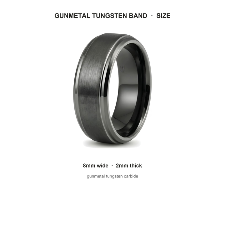 Brushed Tungsten Band (Gunmetal) size guide: 8mm wide, 2mm thick, gunmetal tungsten carbide