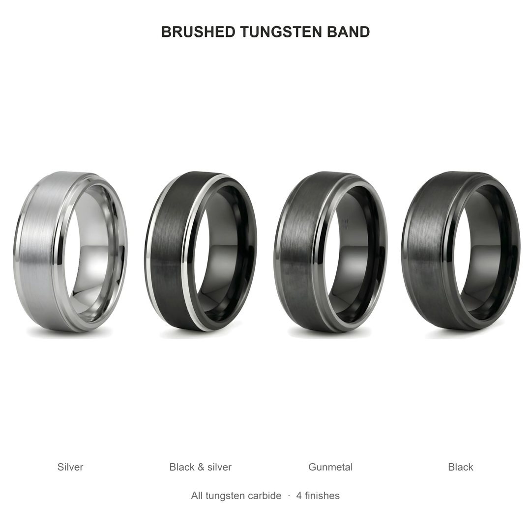 Brushed Tungsten Band (Gunmetal) finishes: Silver, Black & silver, Gunmetal and Black, all tungsten carbide