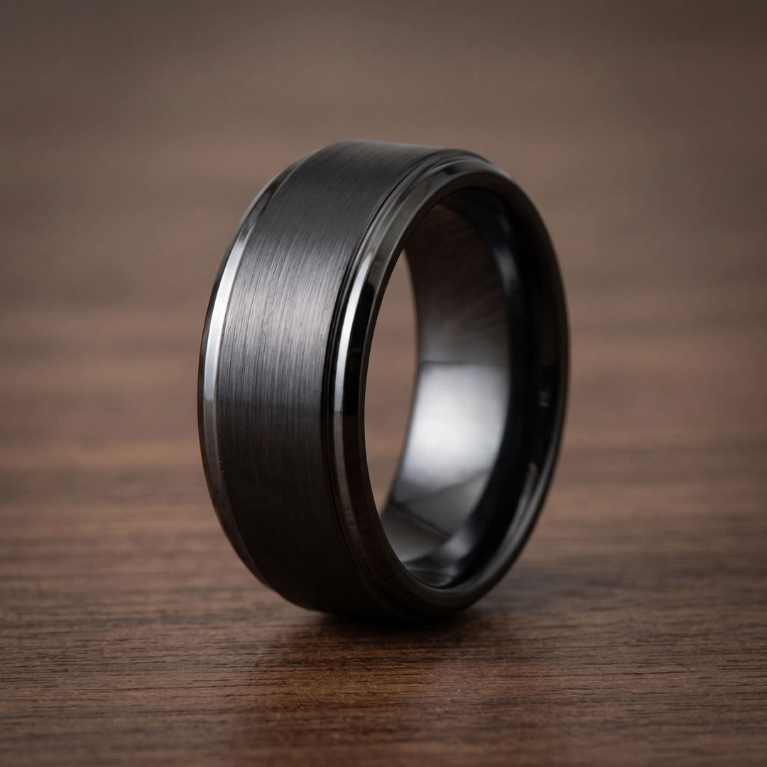 Brushed Tungsten Band (Black) standing upright on a walnut table