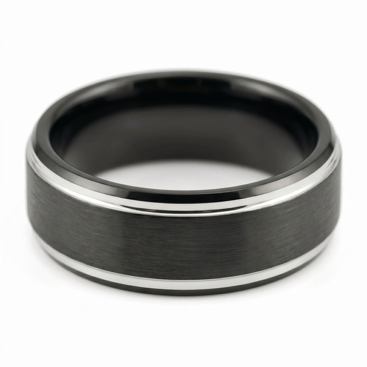 Brushed Tungsten Black & Silver Band, front view of the brushed black face and silver edge lines