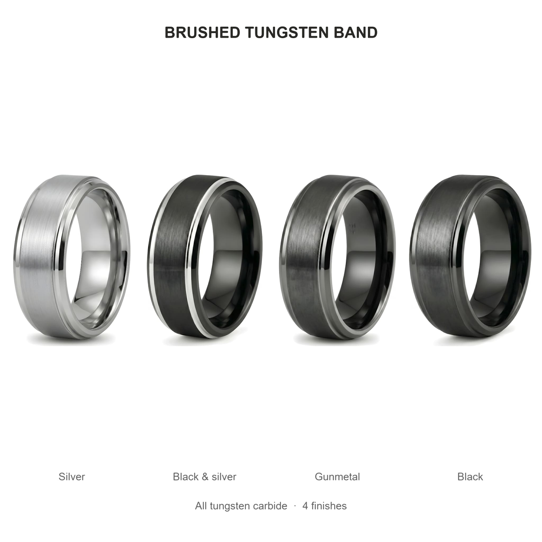 Brushed Tungsten Black & Silver Band finishes: Silver, Black & silver, Gunmetal and Black, all tungsten carbide