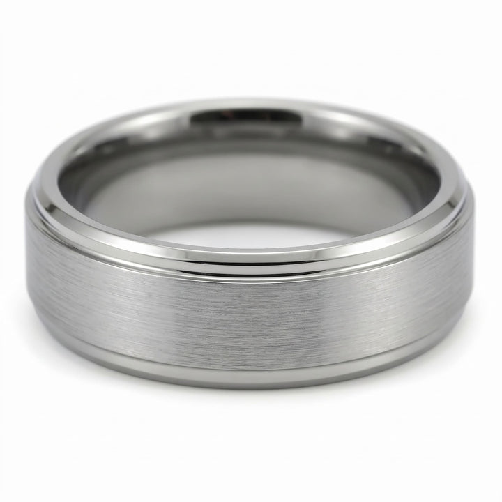 Brushed Tungsten Band (Silver) close up at an angle, lying on its side