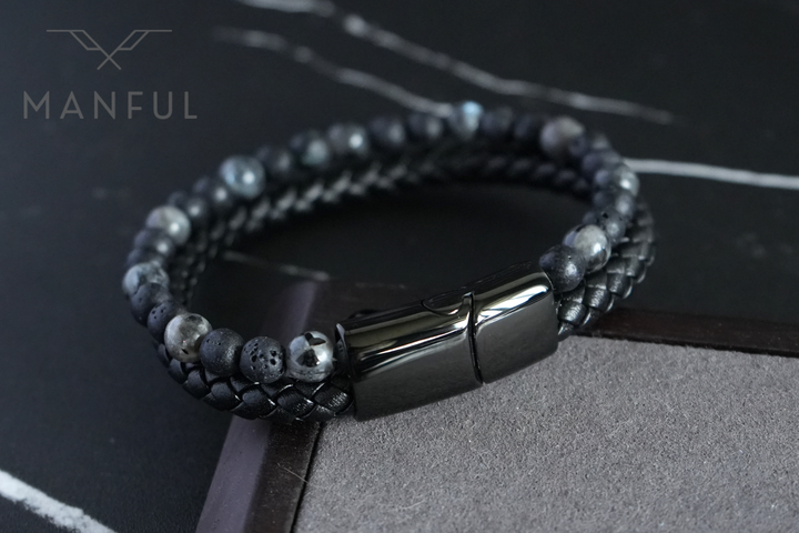 Charcoal Bead And Leather Bracelet, close-up of the magnetic clasp