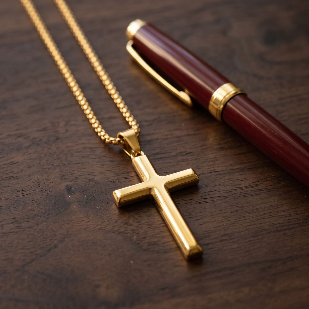 Cross Pendant Necklace (Gold) on a walnut desk beside a burgundy fountain pen