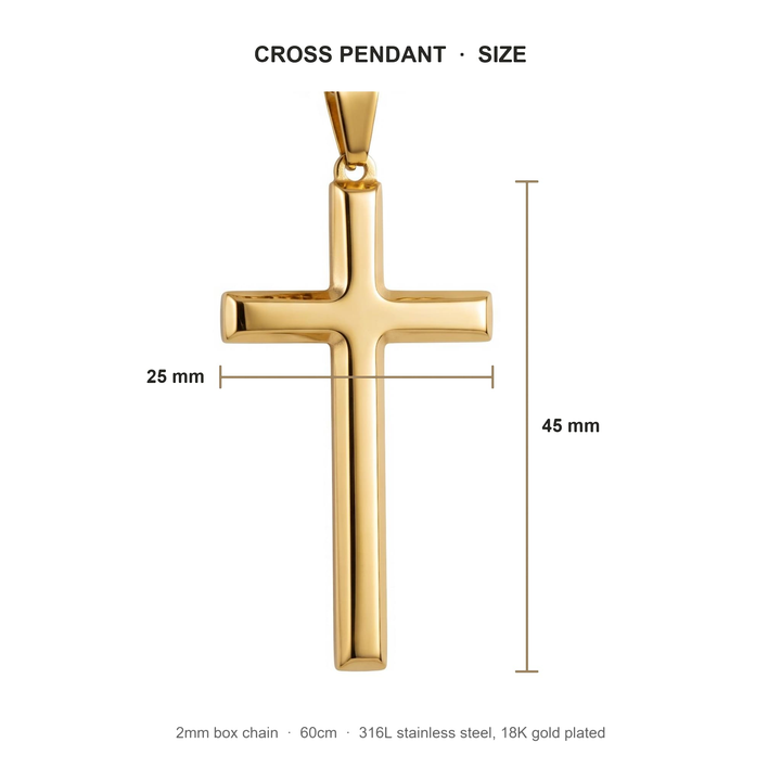 Cross Pendant Necklace (Gold) size guide: cross 45mm tall, 25mm wide, 2mm box chain, 60 cm