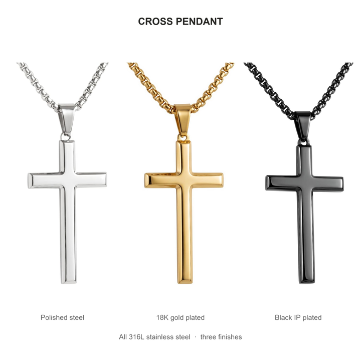 Cross Pendant Necklace (Gold) finishes: Polished steel, 18K gold plated and Black IP plated, all 316L stainless steel