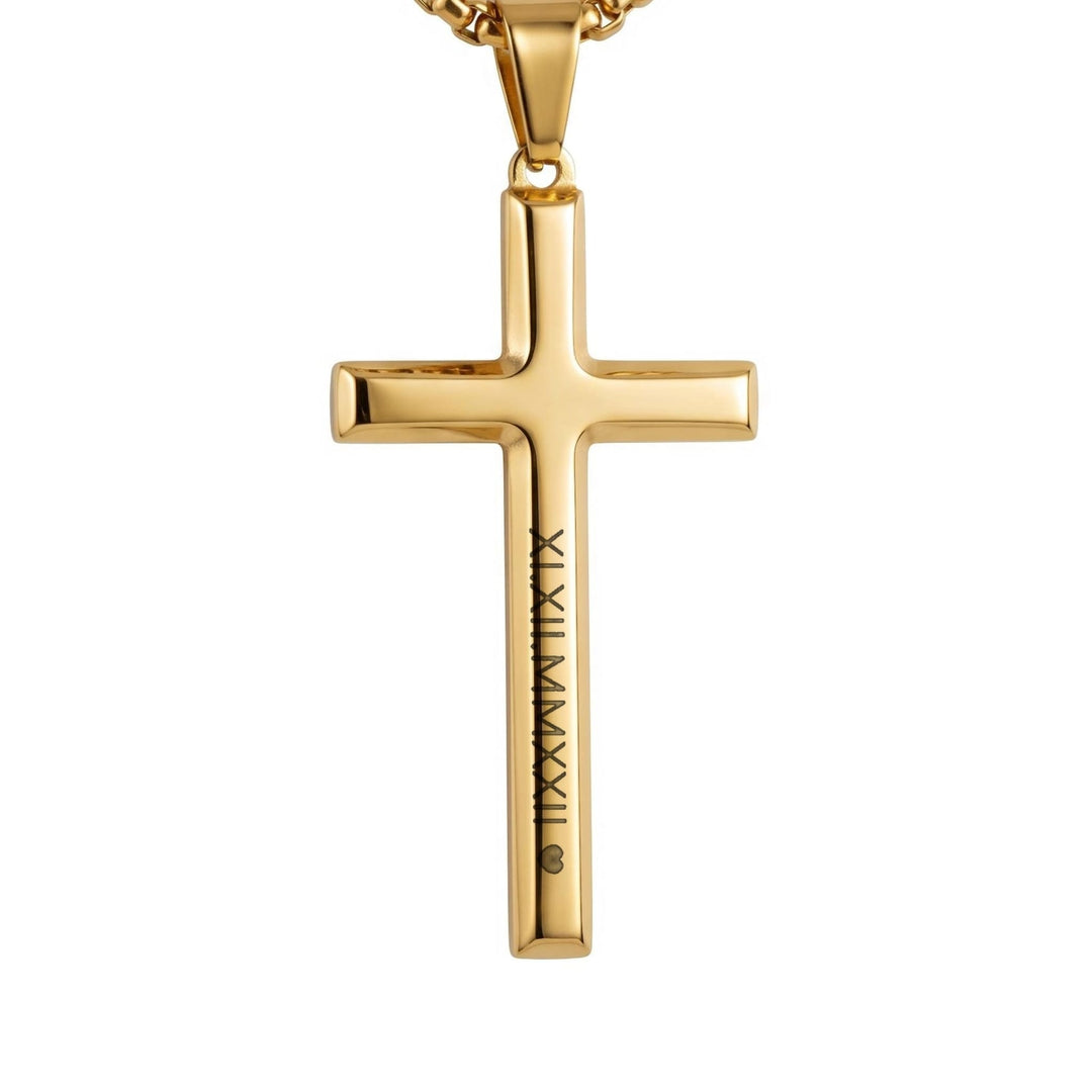 Cross Pendant Necklace (Gold) engraving example: Roman numerals running down the upright