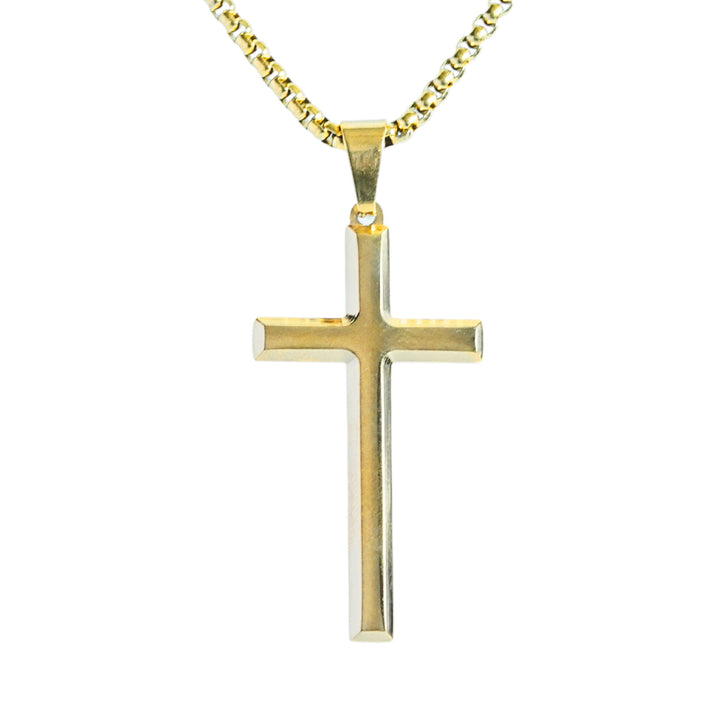 Cross Pendant Necklace Gold, isolated on white hanging straight from its chain
