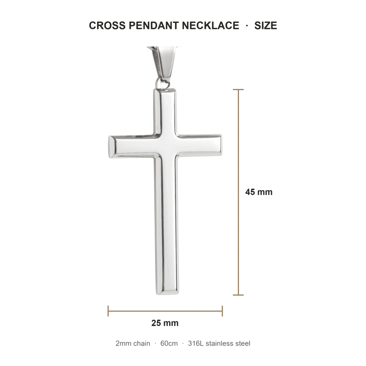 Cross Pendant Necklace (Silver) size guide: 45 x 25mm pendant on a 60cm chain