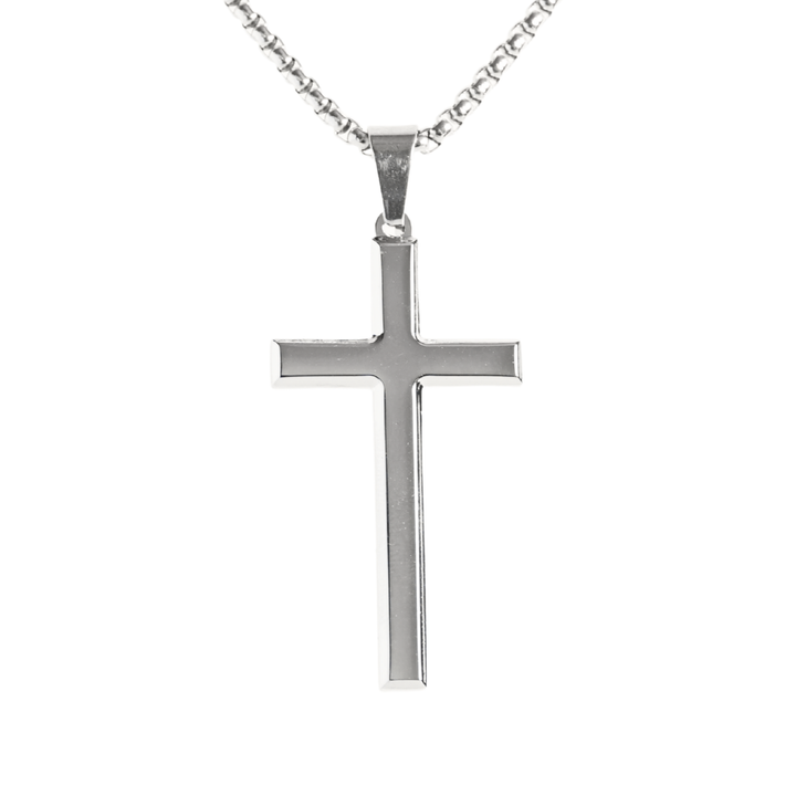 Cross Pendant Necklace Silver, isolated on a white background hanging straight with box chain