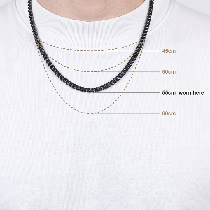 Cuban Chain 3mm Black length guide, worn at 55cm with 45, 50 and 60cm marked