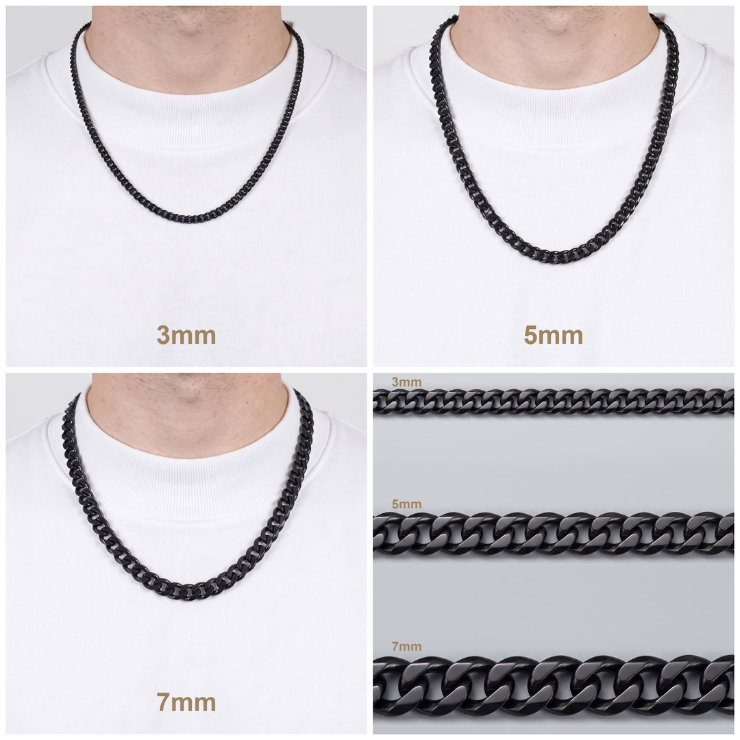 Cuban Chain 3mm Black width comparison: one man wearing the 3mm, 5mm and 7mm, plus a close up of all three