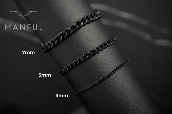 Cuban Chain Bracelet Black, three widths wrapped around a dark leather prop, labelled 3mm to 7mm