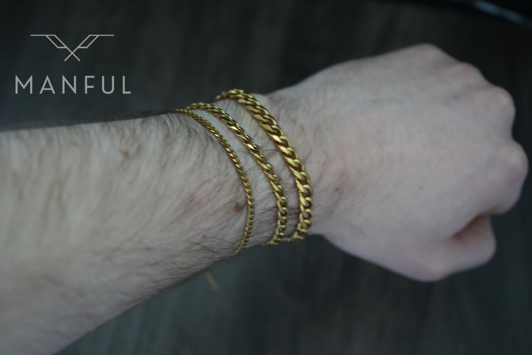 Cuban Chain Bracelet Gold, worn stacked on a man's wrist