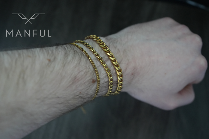 Cuban Chain Bracelet Gold, worn stacked on a man's wrist