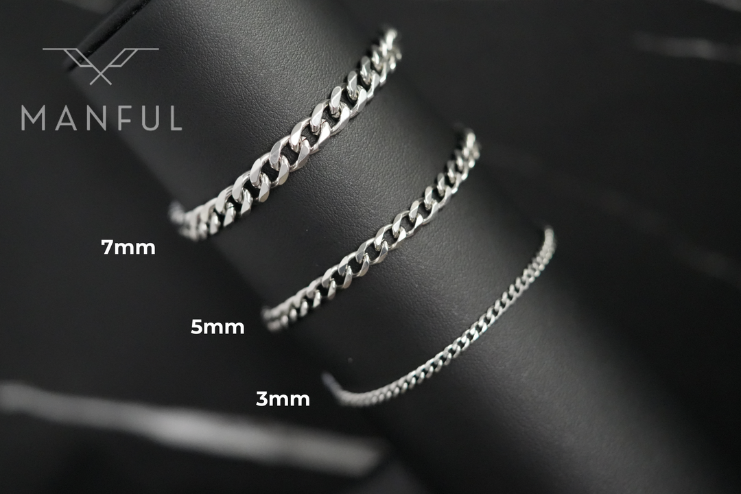 Cuban Chain Bracelet Silver, three widths draped over a black wrist form labelled 3mm to 7mm