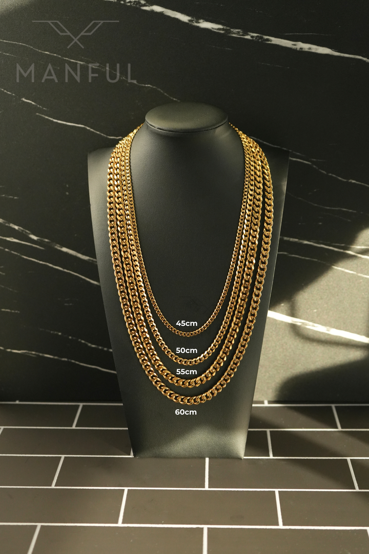 Cuban Chain 5mm Gold, layered in four lengths on a bust labelled 45cm to 60cm