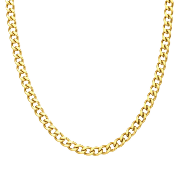 Cuban Chain 5mm Gold, isolated on white background in a loose curved drape