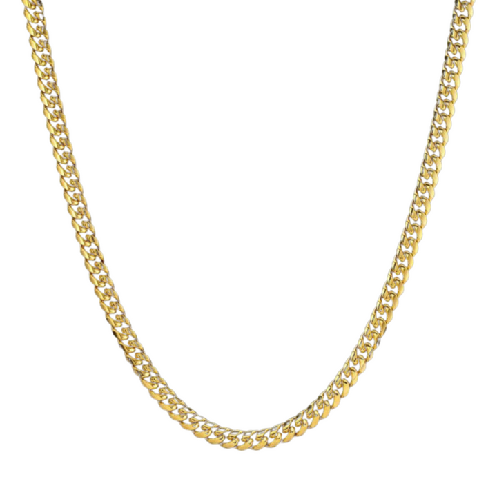 Cuban Chain 7mm Gold, isolated on a white background draped in a loose curve