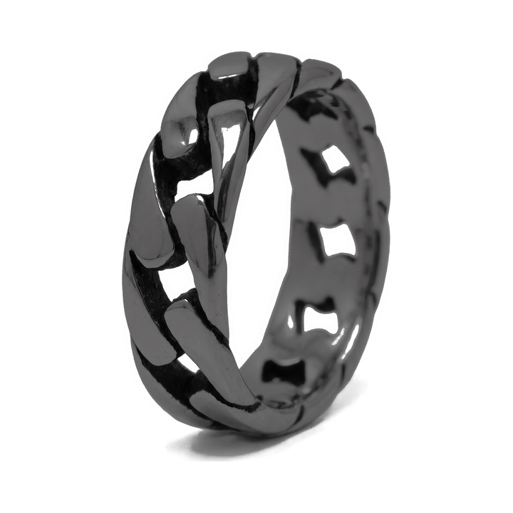 Cuban Chain Ring Black, isolated on a white background showing the woven link texture
