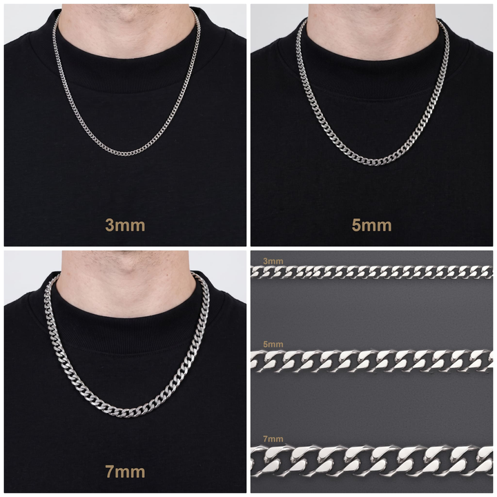 Cuban Chain 5mm Silver width comparison: one man wearing the 3mm, 5mm and 7mm, plus a close up of all three