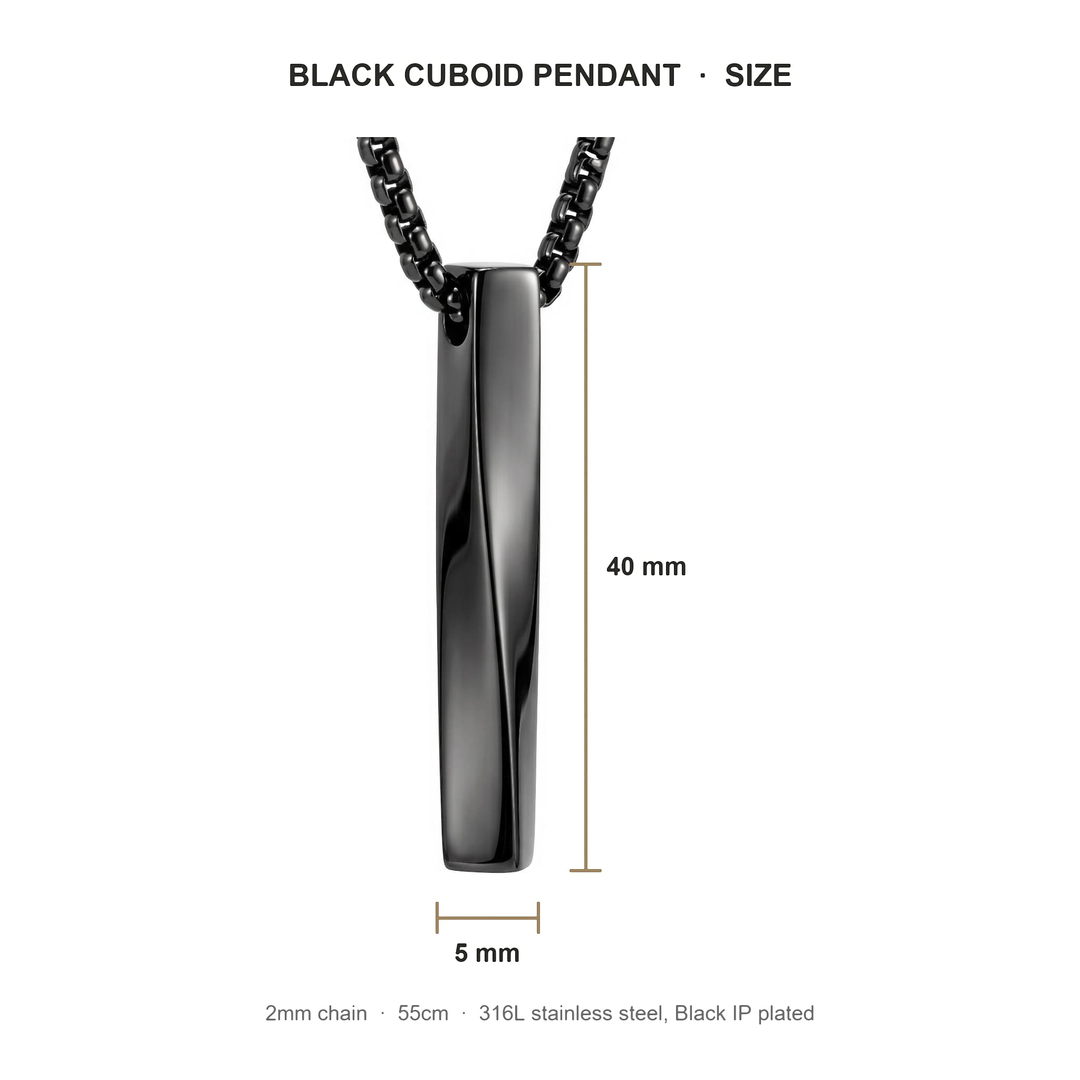 Cuboid Pendant Chain (Black) size guide: 40mm long, 5mm wide, 2mm chain, 55 cm