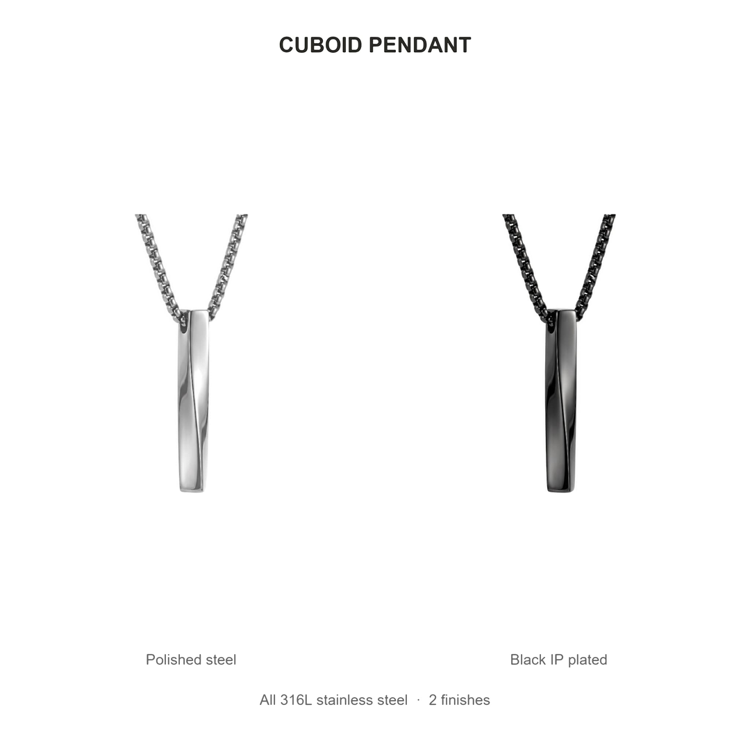 Cuboid Pendant Chain (Black) finishes: Polished steel and Black IP plated, both 316L stainless steel