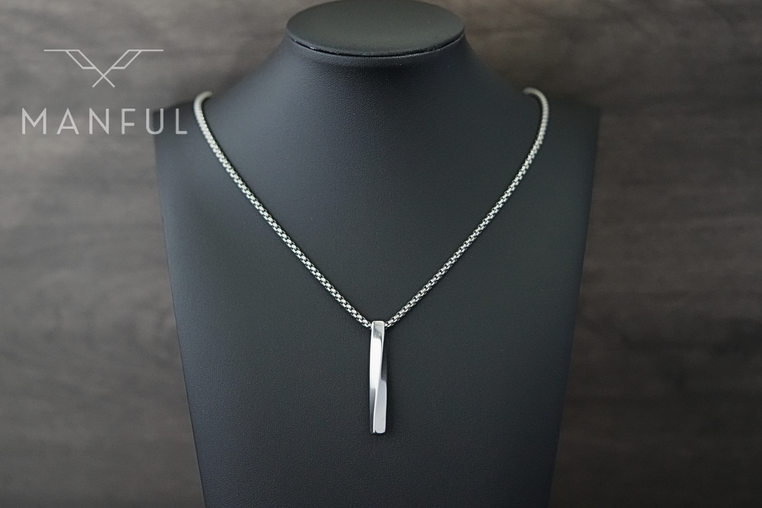 Cuboid Pendant Chain Silver, shown full length on a neck bust to display the chain drop