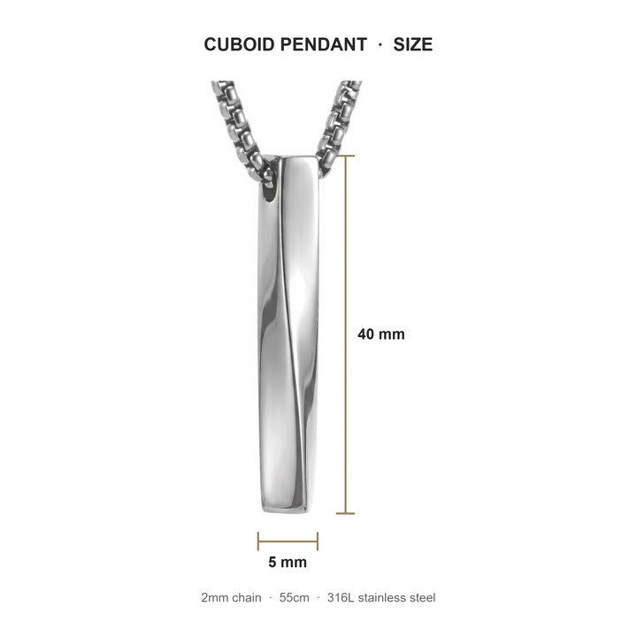 Cuboid Pendant Chain (Silver) size guide: pendant 40mm tall, 5mm wide, 2mm chain, 55 cm