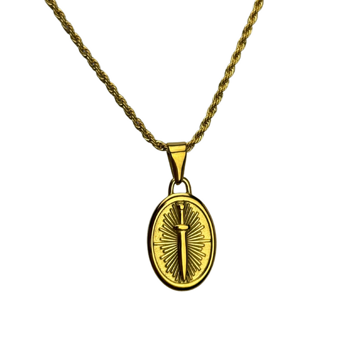 Dagger Emblem Pendant Necklace Gold, isolated on a white background showing the engraved medallion