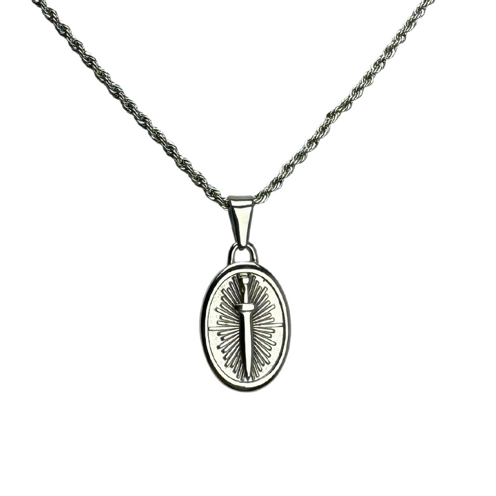 Dagger Emblem Pendant Necklace Silver, isolated on a white background showing the full pendant and chain