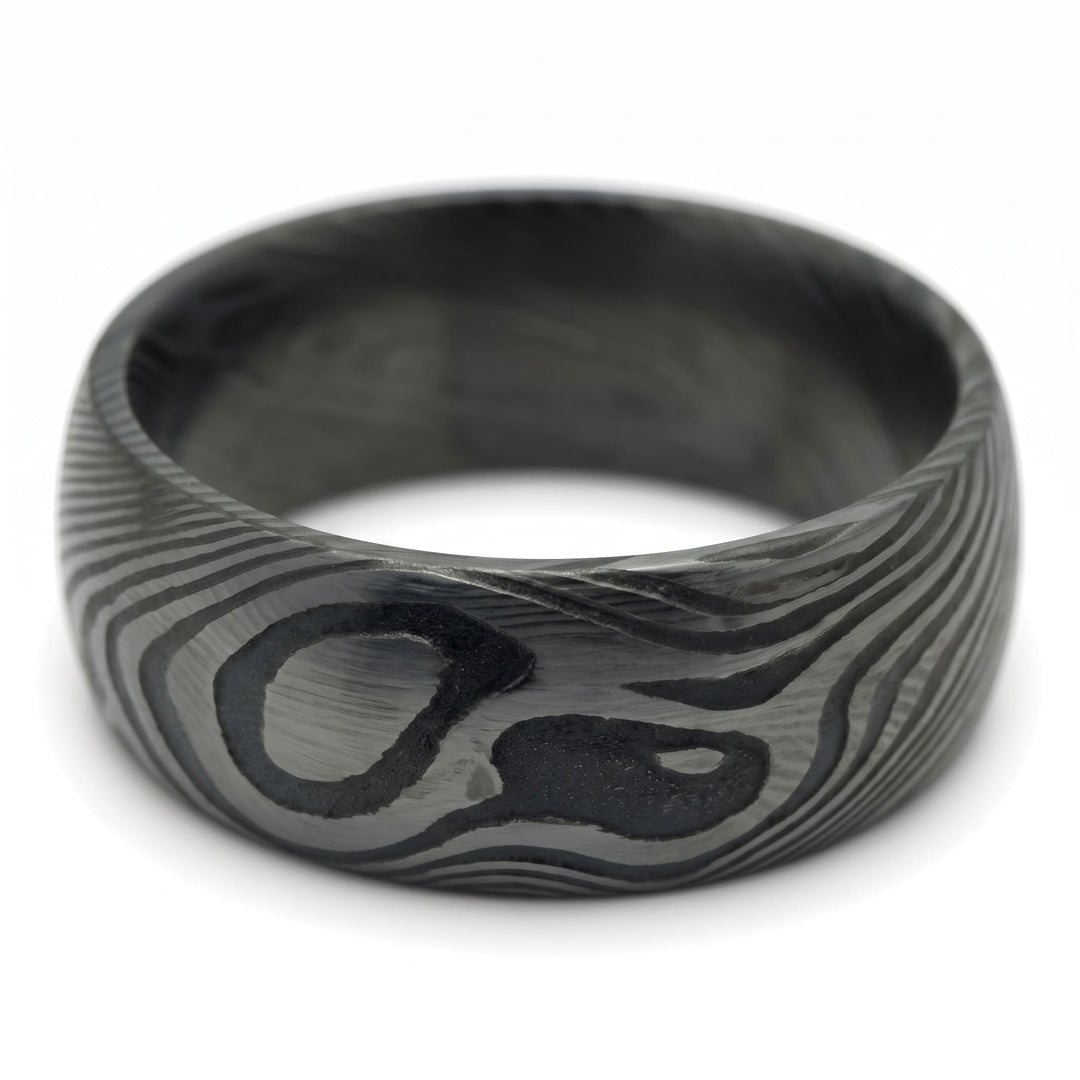 Damascus Steel Band (Black), front view of the swirling black and grey grain pattern