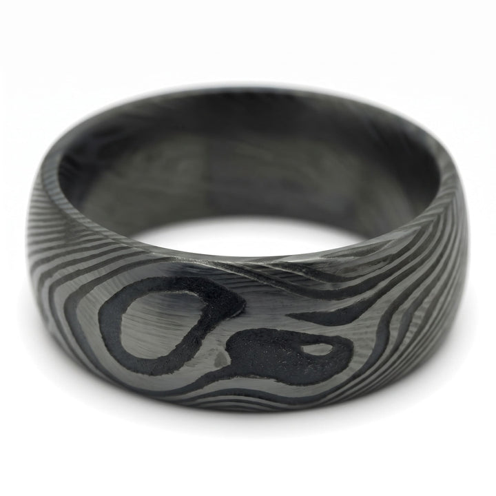 Damascus Steel Band (Black), front view of the swirling black and grey grain pattern