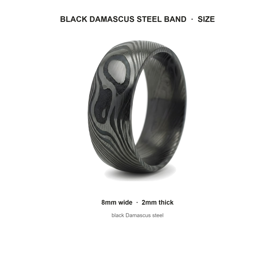 Damascus Steel Band (Black) size guide: 8mm wide, 2mm thick, black Damascus steel