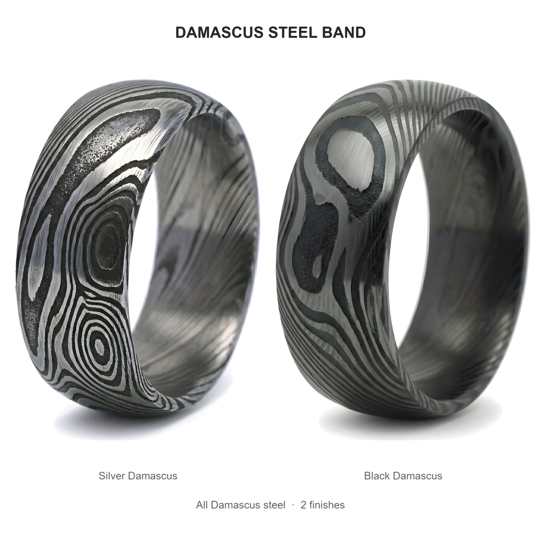Damascus Steel Band (Black) finishes: Silver Damascus and Black Damascus, both Damascus steel