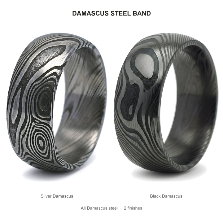 Damascus Steel Band (Black) finishes: Silver Damascus and Black Damascus, both Damascus steel