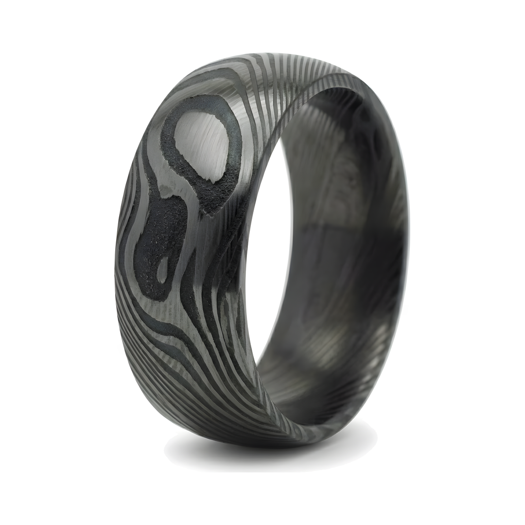 Damascus Steel Band Black, isolated on a white background showing the wavy damascus pattern