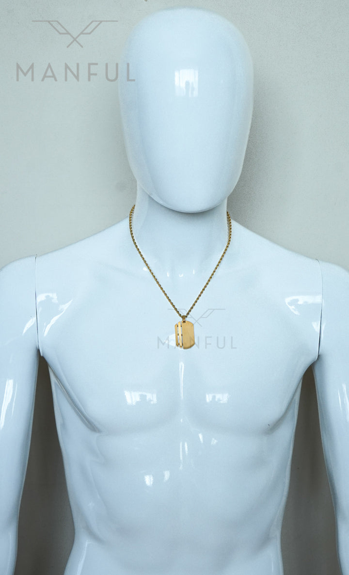 Dog Tag Chain Gold, worn around the neck of a white mannequin torso