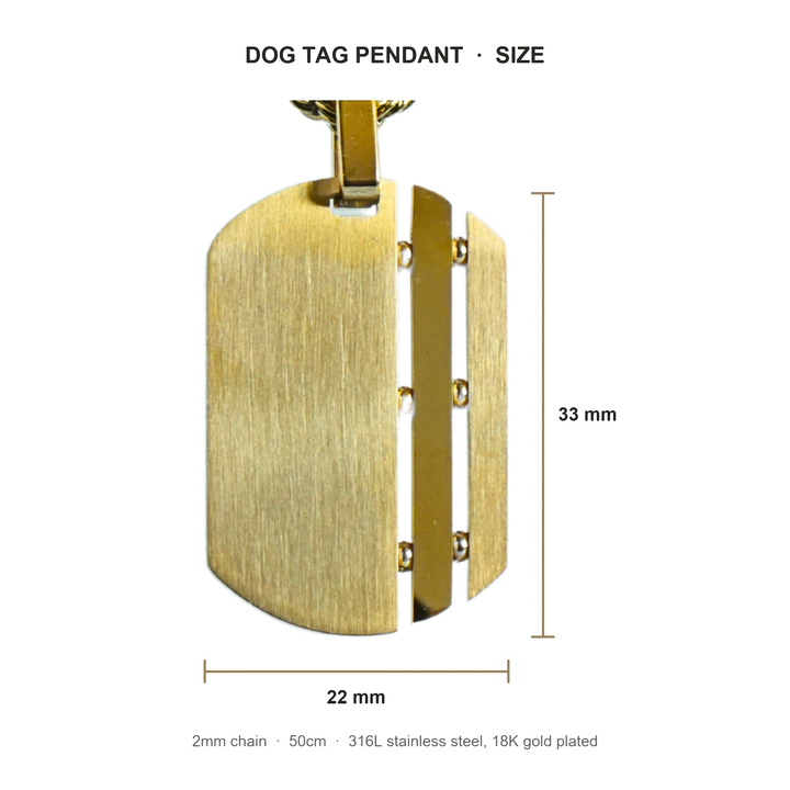 Dog Tag Chain (Gold) size guide: tag 33mm by 22mm, 2mm chain, 50 cm