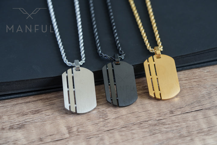 Dog Tag Chain Silver, flat lay beside its black and gold colour options