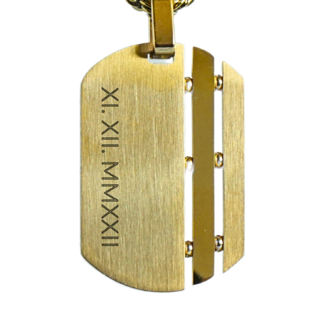 Dog Tag Chain (Gold) engraving example: XI. XII. MMXXII in Roman numerals down the brushed tag