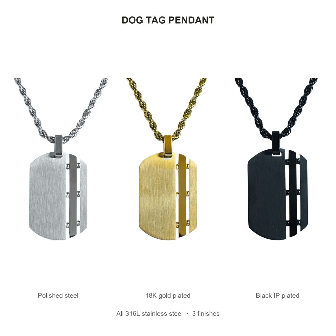 Dog Tag Chain (Silver) finishes: Polished steel, 18K gold plated and Black IP plated, all 316L stainless steel