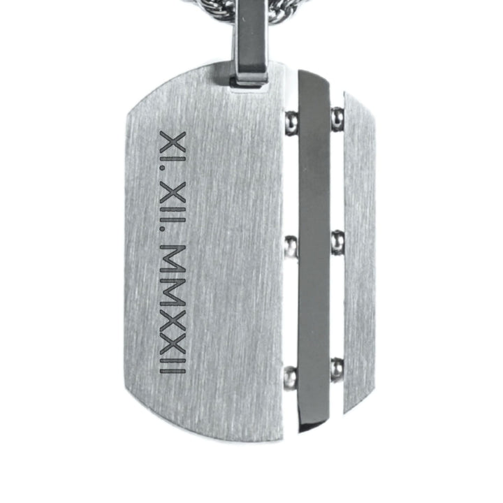 Dog Tag Chain (Silver) engraving example: XI. XII. MMXXII in Roman numerals down the brushed tag
