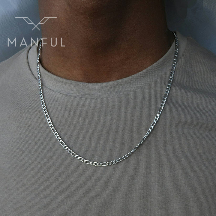 Figaro Chain 5mm Silver, worn around a man's neck over a grey t-shirt