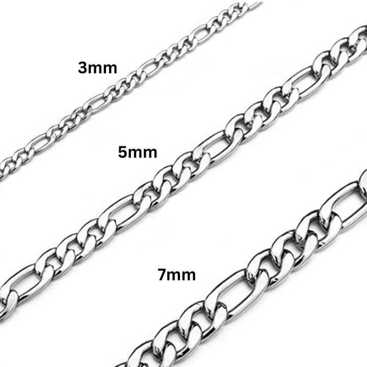 Figaro Chain 5mm Silver, close-up comparing 3mm, 5mm and 7mm link thickness side by side