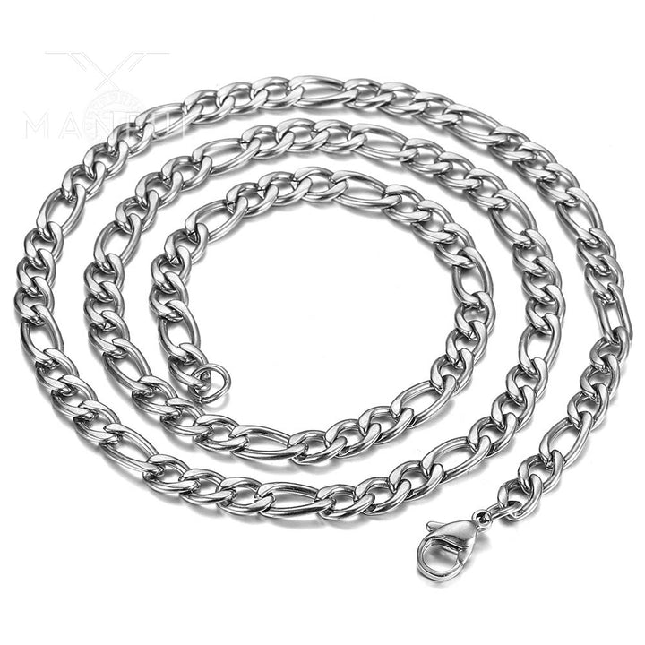 Figaro Chain 5mm Silver, coiled on a white background with the clasp visible at the bottom