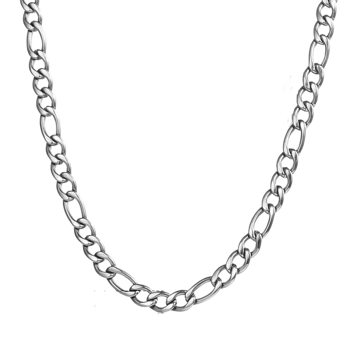 Figaro Chain 5mm Silver, isolated on a white background draped in a curved necklace shape